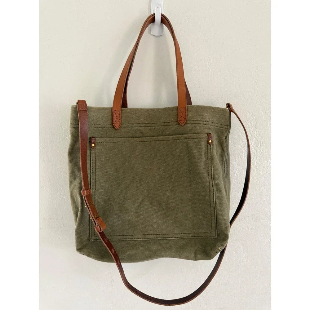 Madewell Canvas Transport Tote Army Green Leather Trim Crossbody Bag
